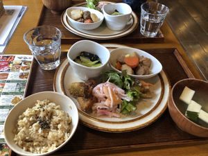 Brown rice set ; niku jyaga (soymeat and potato) is so good 😭❤️, salad too, everything !!😭💦 at Vegetable Lunch Xi Fang 喜坊 in Sapporo