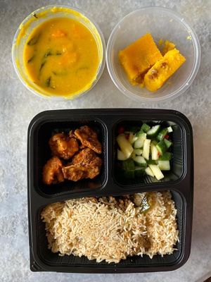 25/07/2021
Lunch
VEGAN CHICKEN DUM BRIYANI
DALCHA
TIMUN NENAS ACHAR 
CAULIFLOWER PAKORA 
KESARI at Bimala Prasad Caterers in Petaling Jaya