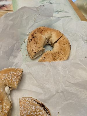 Toatsed salt and everything bagel with tofu scallion cream cheese. Not sure why so few seeds this time, usually more at Cella Bagel in Selden
