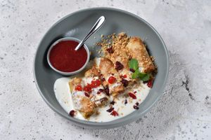 Pancakes with vanilla tofu in a creamy sauce at Vitary in Odessa