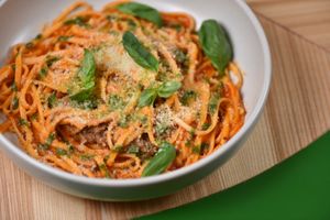Udon noodles with Bolognese sauce and parmesan cheese at Vitary in Odessa