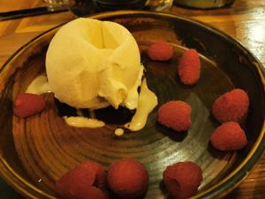 Brownie and vegan ice cream desert at The Dirty Bottles in Alnwick