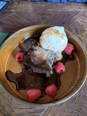 Warm Chocolate Brownie and Ice Cream  at The Dirty Bottles in Alnwick