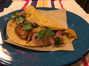 Quesadilla with mushrooms al pastor & plant based cheese like spread! at Poncho Tacos in Athens