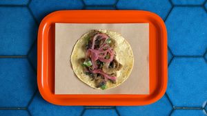 Taco with mushrooms and cebollas moradas ! at Poncho Tacos in Athens