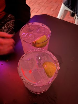 lime and ginger tequila cocktail (front), pink grapefruit and tequila cocktail (back)  at Poncho Tacos in Athens