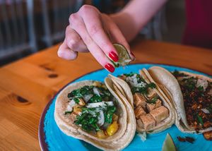 Veggies, tofu & vegan chorizo classic tacos at Casa Azul Taqueria in Providence