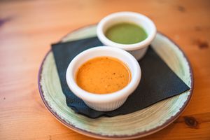 our home made salsas are all plant base , red smoky & green avocado
 at Casa Azul Taqueria in Providence