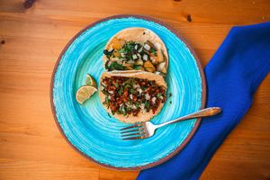 Saute veggies &  crispy fried tofu tacos!!!  topped with fresh onion, cilantro and our homemade avocado salsa. at Casa Azul Taqueria in Providence
