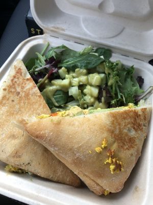 Breakfast Panini comes with a beautiful side salad. Portions were very big and it was delicious! at Fruition Organic Market in Manhattan Beach