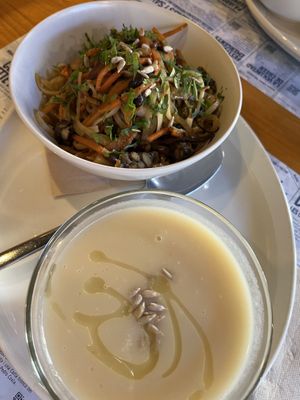 Celleriac soup and rice with vegetables and tempeh  at Aguaribay in Barcelona