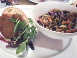 Falafel in tortilla and a buckwheat veggie sautee at Aguaribay in Barcelona