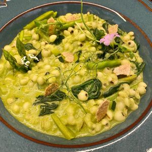 Organic barley green risotto with baby spinach and asparagus at MA and The Seeds of Life in Hong Kong Island