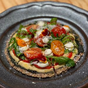 Raw pizza, dehydrated crust of almond and cauliflower at MA and The Seeds of Life in Hong Kong Island