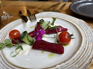 Beetroot ravioli with vegan feta cheese   at MA and The Seeds of Life in Hong Kong Island