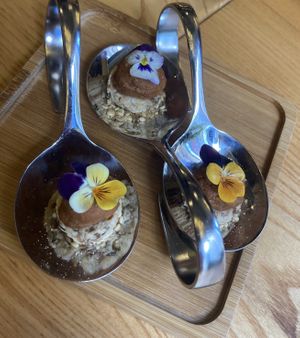 Tomato on sesame with eatable flowers  at MA and The Seeds of Life in Hong Kong Island