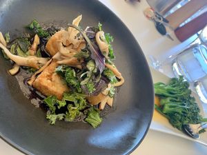 Main dish, tofu marinated with shiitake mushrooms and greens at Park and Cove in Noosa Heads
