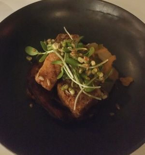 The tofu main course. Very nice but slightly small portion   at Park and Cove in Noosa Heads