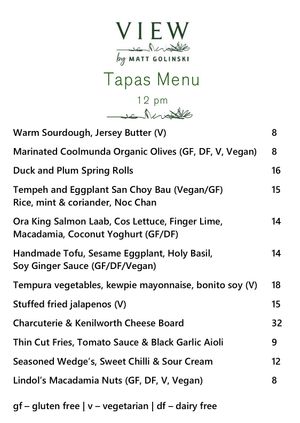 Tapas menu at Park and Cove in Noosa Heads