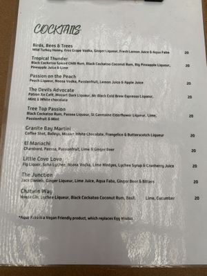 Cocktails menu. Using aquafaba instead of egg whites. 👍🏼 at Park and Cove in Noosa Heads
