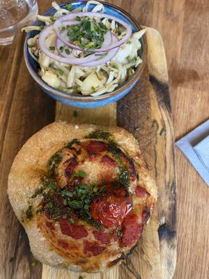 The Barbarossa plus cabbage and onion salad.  at Rucolino in Dudelange