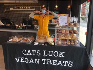 Michelle with her wonderful vegan treats.  at Cats Luck Vegan in Neptune City