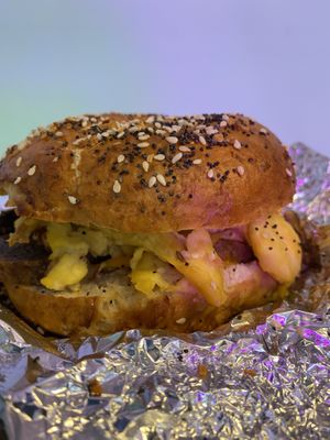 Taylor ham, egg, and cheese on a homemade everything  bagel at Cats Luck Vegan in Neptune City