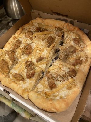 Chickn finger, honee mustard, and French fry pizza at Cats Luck Vegan in Neptune City