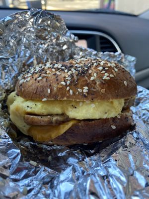 Tempeh bacon, JUST egg, & cheese on an everything bagel😍 at Cats Luck Vegan in Neptune City