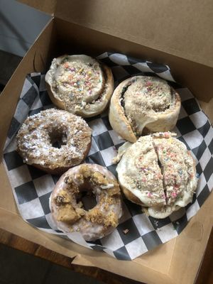 Birthday Cake Cinnamon Rolls, Fried Donuts  at Cats Luck Vegan in Neptune City
