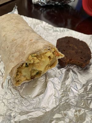 Breakfast burrito (with tofu scramble) and Taylor ham  at Cats Luck Vegan in Neptune City