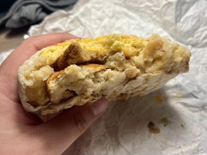 Jersey Diner Crunch—housemade Taylor ham, Just egg, cheese, hard roll crunch, and disco fries inside  at Cats Luck Vegan in Neptune City