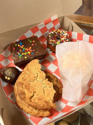 Cookie Truffle, Fries Donut, Brownie, PB snickerdoodle cookie (we asked for it to be split, under that is a miso chocolate chunk cookie, and wrapped up is the savory muffin  at Cats Luck Vegan in Neptune City