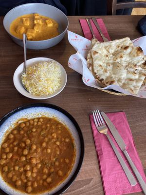 Chickpea Curry + Naan, Jasmine rice and the other main dish   at Madras Cafe in Glasgow