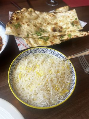 Garlic naan and basmati rice   at Madras Cafe in Glasgow