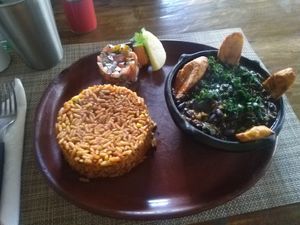 Black beans and kale stew, with rice and mini salad at Shifta in Addis Ababa