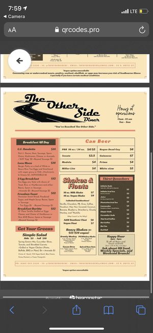 Menu 2 at The Other Side HI Diner in Honolulu