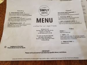 Vegan menu 2022 at Simply Crepes in Pittsford