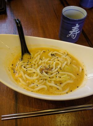 B3: Happy Spicy Noodle - RM9.90
The soup had a nice eggy creaminess, even with it being vegan! Didn't really get the hint of spice to it, but still plenty flavorful. However, it was lacking for me... Just noodles and cabbage? Unreasonably priced in my opinion. at Sushi Kitchen - Sungai Ara in Penang