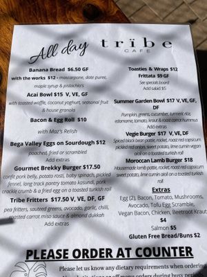 Menu at Tribe Cafe in Batemans Bay