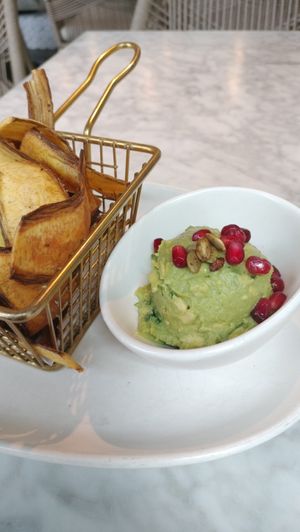 Guacamole with plantain chips! at Tocaya Modern Mexican in West Los Angeles