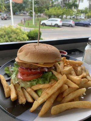 The deck burger, vegan option at The Deck @ Sea Salt in Rainbow Beach