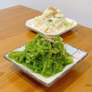 Wakame in the front and vegan potato salad at the back. Likey wakame! at Lucky Cat Cafe in Northeast Singapore
