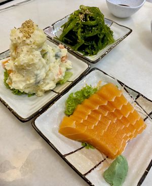 Wakame, Vegan Potato Salad, Sashimi at Lucky Cat Cafe in Northeast Singapore