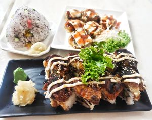 Tofunagi maki, shitake cream and cheese, shiso onigiri at Lucky Cat Cafe in Northeast Singapore