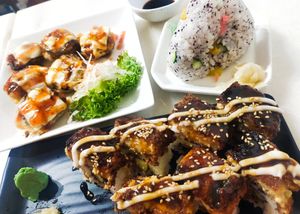 Tofunagi maki, shitake cream and cheese, shiso onigiri at Lucky Cat Cafe in Northeast Singapore