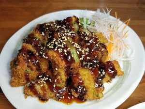 Crispy broccoli (with teriyaki sauce) at Lucky Cat Cafe in Northeast Singapore
