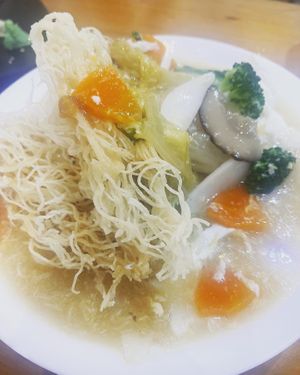 Crispy noodles   at Lucky Cat Cafe in Northeast Singapore