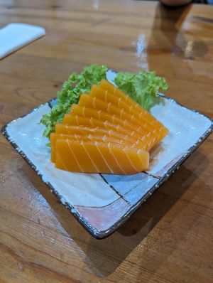 Salmon "sashimi" at Lucky Cat Cafe in Northeast Singapore