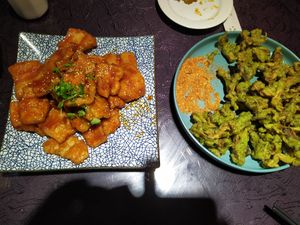 An impressive facsimile of Gongbao style meat and amazing crunchy spinach-battered mushrooms. at Fú Huì Lián Chéng 福慧莲城 - Longfeng Temple in Shenyang